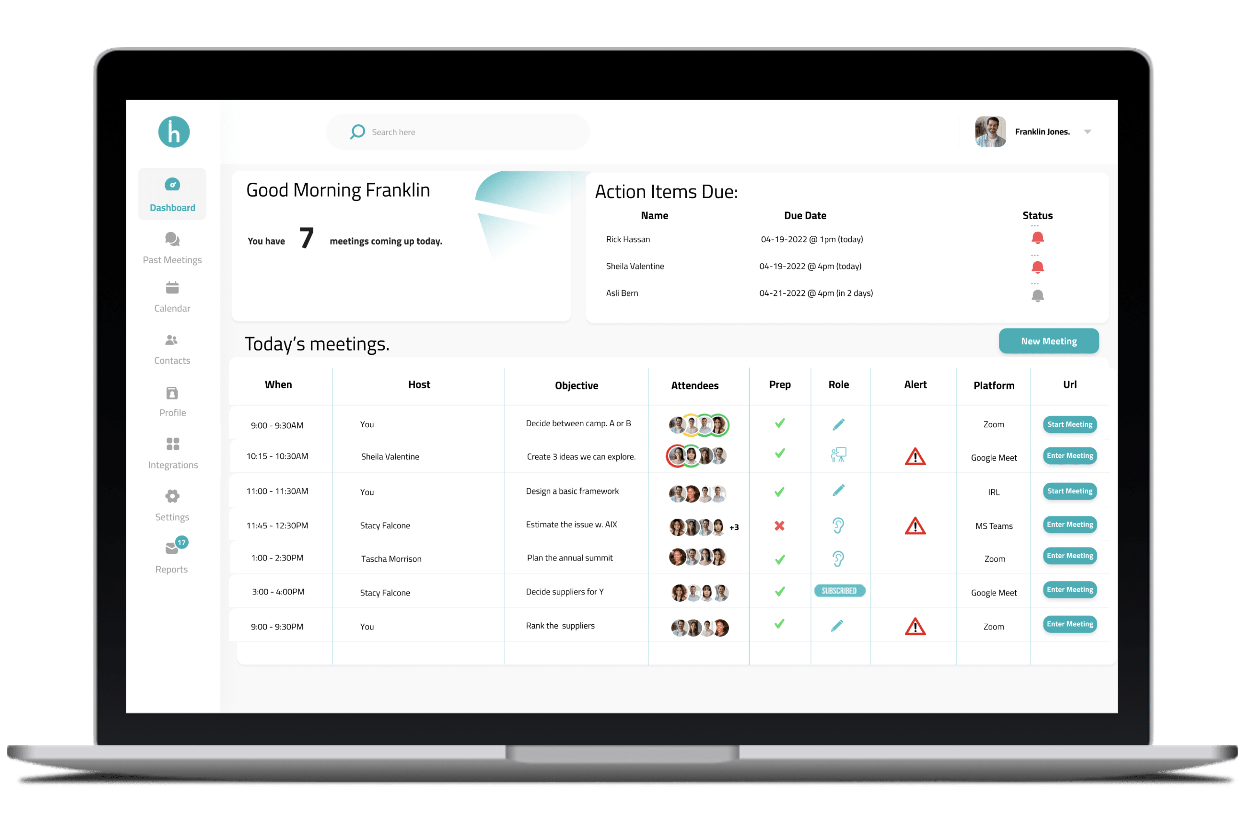 Experience the power of Happioh's meeting management platform with our intuitive dashboard. Get an overview of all your upcoming meetings, manage your agenda, assign action items, and track progress - all in one place. With a streamlined user interface, our dashboard simplifies meeting management and helps you save time, increase productivity, and stay organized. Try Happioh today and transform the way you work.